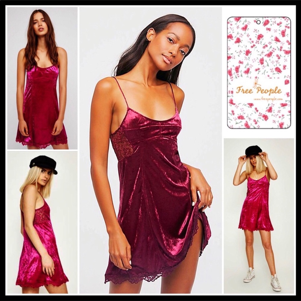 FREE PEOPLE LACE TRIM VELVET SLIP COCKTAIL DRESS - Picture 7 of 8
